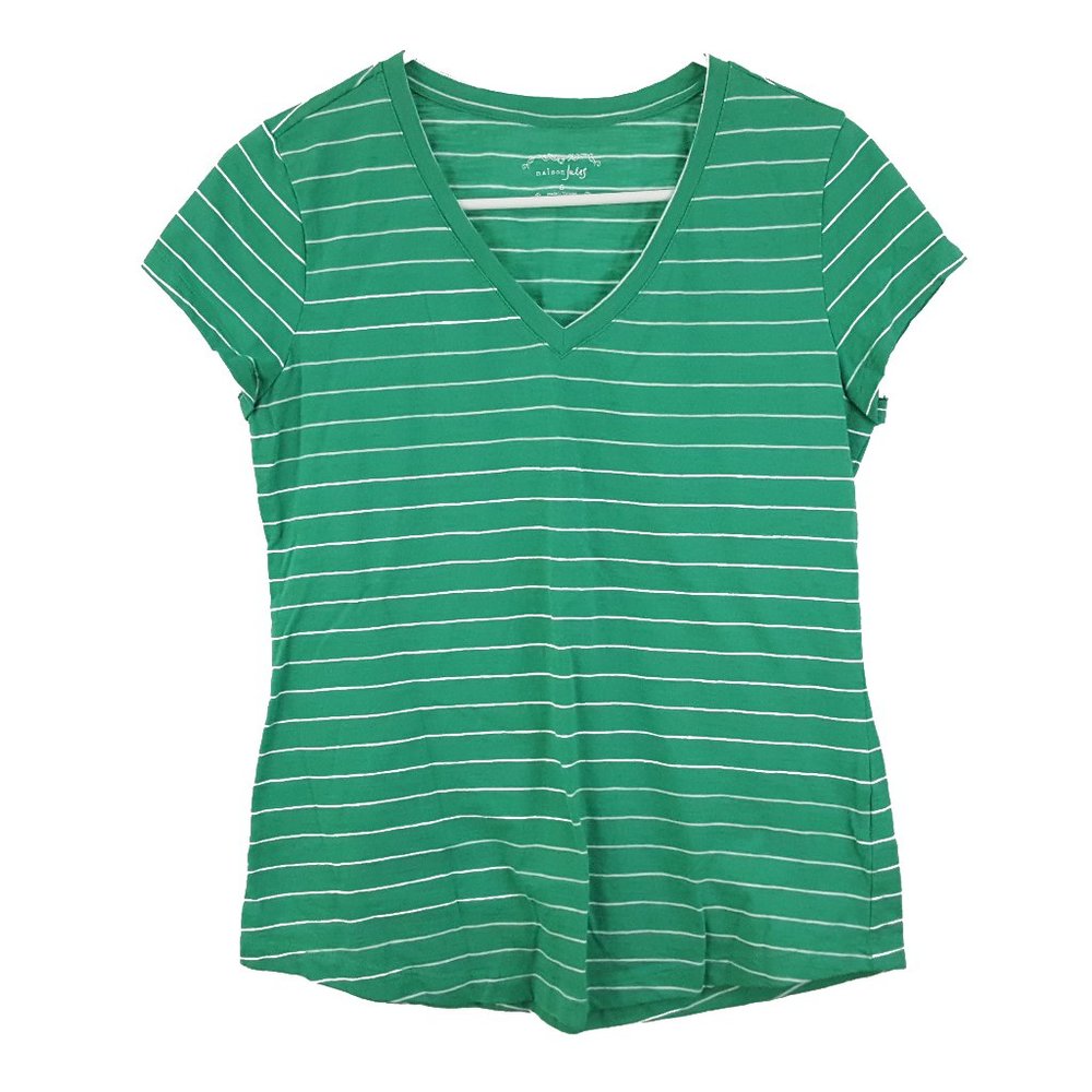 Maison Jules Cap Sleeve V-Neck T-Shirt Striped Green & White Women's Size Small